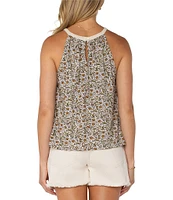 Liverpool Los Angeles Slub Jersey Knit Printed Sleeveless Crochet Halter Top