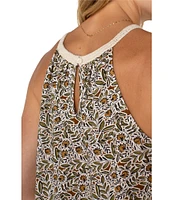 Liverpool Los Angeles Slub Jersey Knit Printed Sleeveless Crochet Halter Top