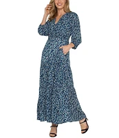 Liverpool Los Angeles Abstract Print Split Crew Neckline 3/4 Puff Sleeve Maxi Dress