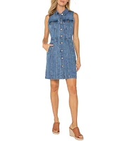 Liverpool Los Angeles Stretch Denim Point Collar Sleeveless Button Front Dress