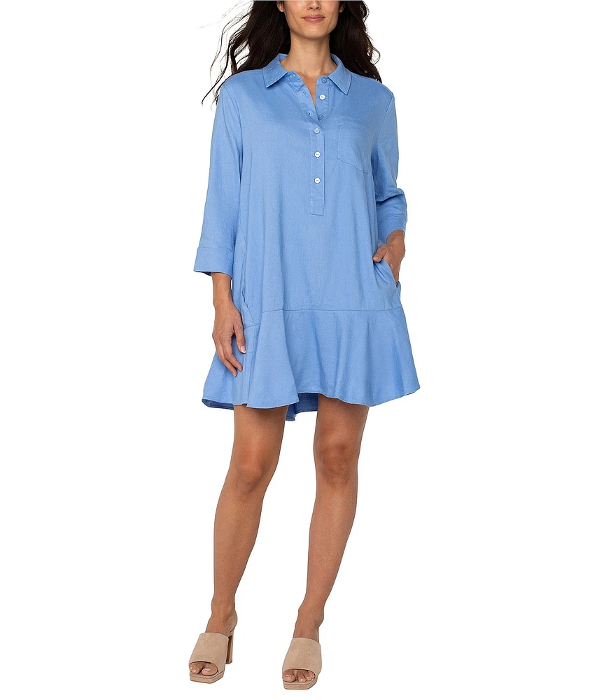 Liverpool Los Angeles Stretch Linen Blend Point Collar 3/4 Sleeve Shirt Dress