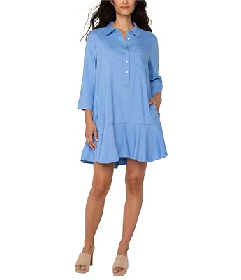 Liverpool Los Angeles Stretch Linen Blend Point Collar 3/4 Sleeve Shirt Dress