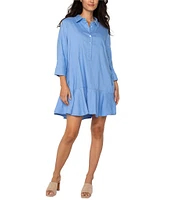 Liverpool Los Angeles Stretch Linen Blend Point Collar 3/4 Sleeve Shirt Dress