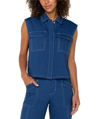 Liverpool Los Angeles Stretch Linen Blend Point Collar Sleeveless Cargo Shirt