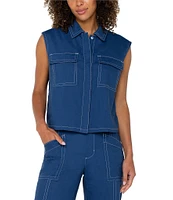Liverpool Los Angeles Stretch Linen Blend Point Collar Sleeveless Cargo Shirt