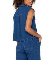 Liverpool Los Angeles Stretch Linen Blend Point Collar Sleeveless Cargo Shirt