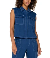 Liverpool Los Angeles Stretch Linen Blend Point Collar Sleeveless Cargo Shirt