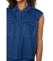 Liverpool Los Angeles Stretch Linen Blend Point Collar Sleeveless Cargo Shirt