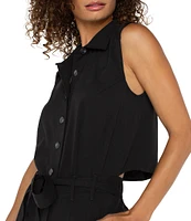 Liverpool Los Angeles Stretch Woven Point Collar Sleeveless Wide Leg Jumpsuit