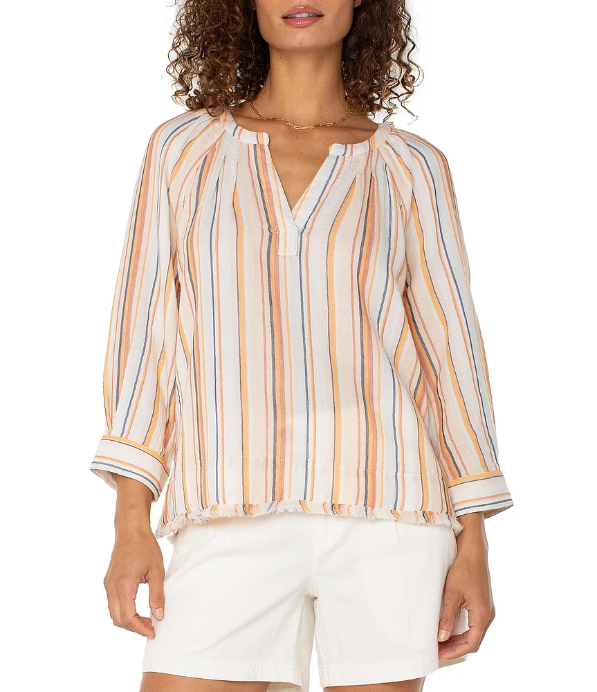 Liverpool Los Angeles Stripe Split V-Neck 3/4 Sleeve Frayed Hem Top