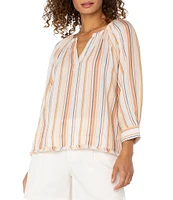 Liverpool Los Angeles Stripe Split V-Neck 3/4 Sleeve Frayed Hem Top