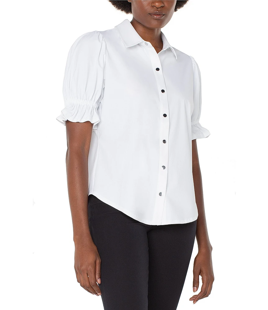 Liverpool Los Angeles Tech Knit Spread Collar Elbow-Length Puff Sleeve Button-Front Shirt