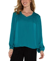 Liverpool Los Angeles V-Neck Pleated Long Sleeve Blouse