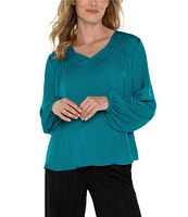 Liverpool Los Angeles V-Neck Pleated Long Sleeve Blouse