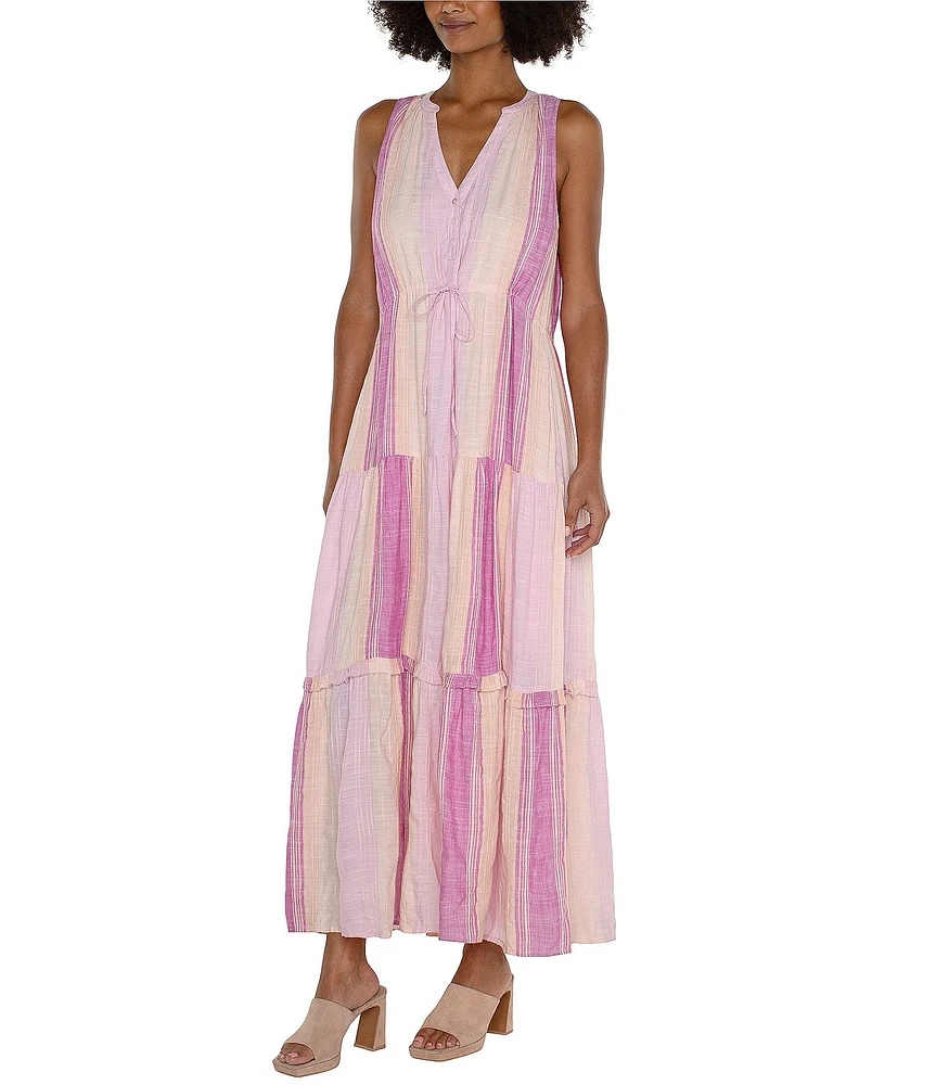 Liverpool Los Angeles V-Neck Sleeveless Tiered Striped Maxi Dress