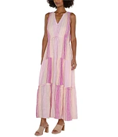 Liverpool Los Angeles V-Neck Sleeveless Tiered Striped Maxi Dress