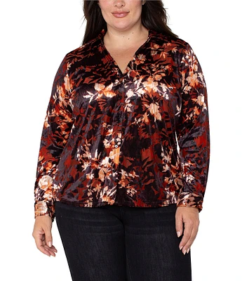 Liverpool Los Angeles Velvet Burnout Knit Floral Collared Long Sleeve Button Front Blouse