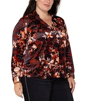 Liverpool Los Angeles Velvet Burnout Knit Floral Collared Long Sleeve Button Front Blouse