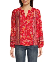 Liverpool Los Angeles Woven Floral Split V-Neck Long Sleeve Button Front Blouse