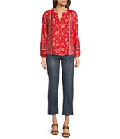 Liverpool Los Angeles Woven Floral Split V-Neck Long Sleeve Button Front Blouse