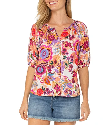 Liverpool Los Angeles Woven Floral Split V-Neck Short Sleeve Button-Front Blouse
