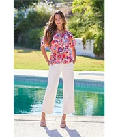 Liverpool Los Angeles Woven Floral Split V-Neck Short Sleeve Button-Front Blouse
