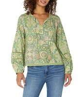 Liverpool Los Angeles Woven Paisley Print V-Neck Long Sleeve Shirred Blouse