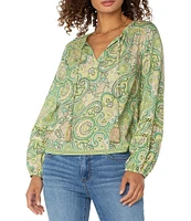 Liverpool Los Angeles Woven Paisley Print V-Neck Long Sleeve Shirred Blouse