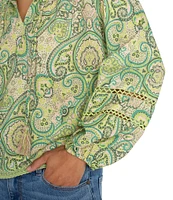 Liverpool Los Angeles Woven Paisley Print V-Neck Long Sleeve Shirred Blouse