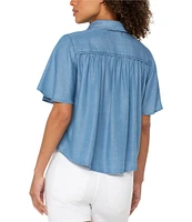 Liverpool Los Angeles Woven Point Collar Short Flutter Sleeve Button-Front Blouse