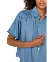 Liverpool Los Angeles Woven Point Collar Short Flutter Sleeve Button-Front Blouse