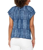 Liverpool Los Angeles Woven Printed Split V-Neck Cap Sleeve Tie-Front Top