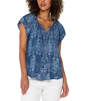 Liverpool Los Angeles Woven Printed Split V-Neck Cap Sleeve Tie-Front Top