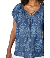 Liverpool Los Angeles Woven Printed Split V-Neck Cap Sleeve Tie-Front Top