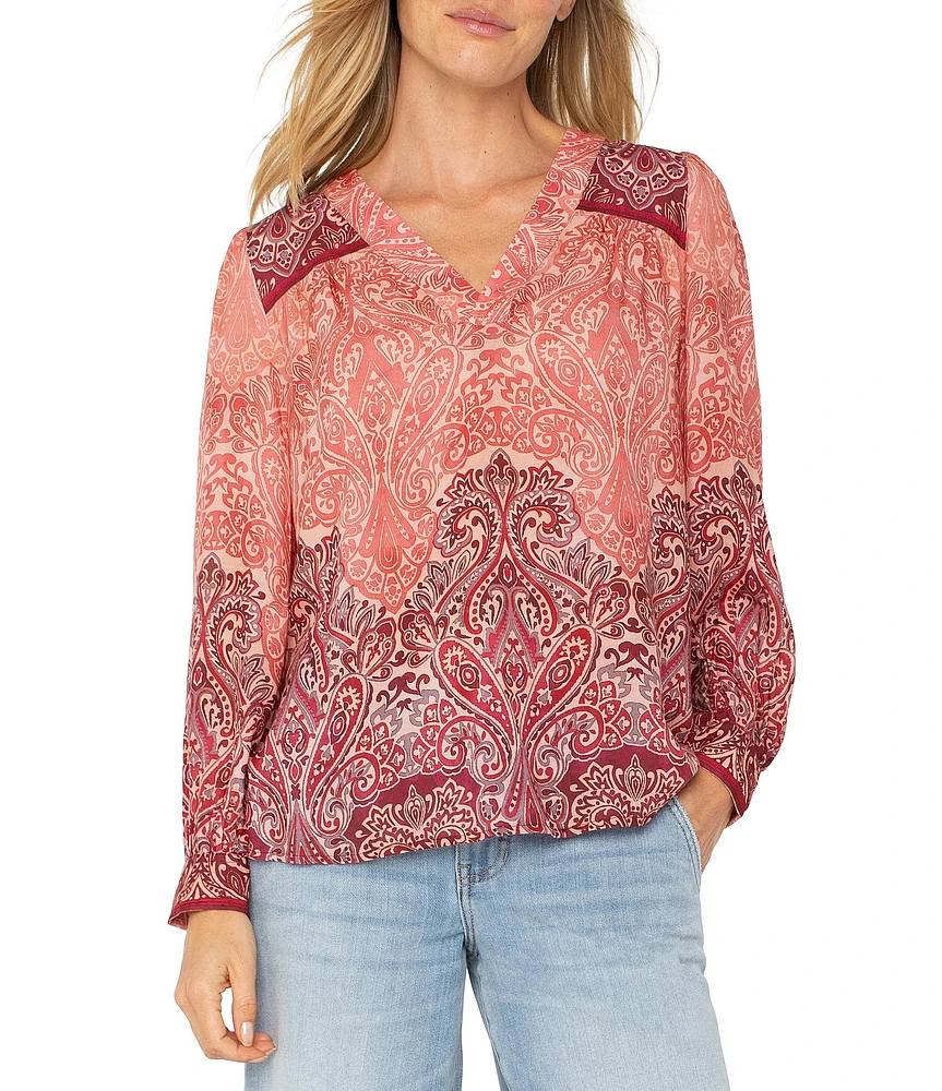 Liverpool Los Angeles Woven Printed V-Neck Long Sleeve Blouse