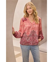 Liverpool Los Angeles Woven Printed V-Neck Long Sleeve Blouse