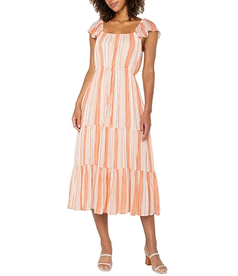 Liverpool Los Angeles Woven Stripe Square Neck Cap Sleeve Cinched Waist Tiered Midi Dress