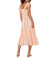 Liverpool Los Angeles Woven Stripe Square Neck Cap Sleeve Cinched Waist Tiered Midi Dress