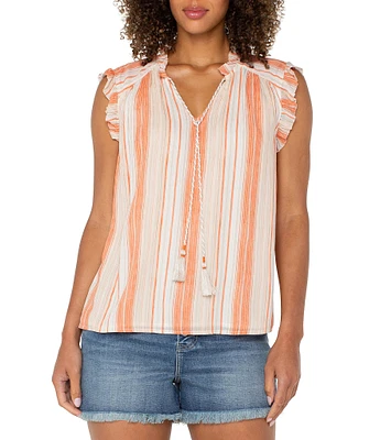 Liverpool Los Angeles Woven Stripe V-Neck Tassel Tie Ruffle Trim Blouse