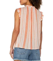 Liverpool Los Angeles Woven Stripe V-Neck Tassel Tie Ruffle Trim Blouse