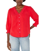 Liverpool Los Angeles Woven V-Neck 3/4 Sleeves Embroidered Blouse