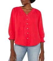 Liverpool Los Angeles Woven V-Neck 3/4 Sleeves Embroidered Blouse