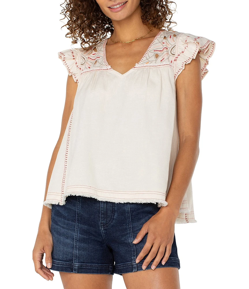 Liverpool Los Angeles Woven V-Neck Cap Sleeve Embroidered Top
