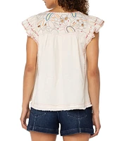 Liverpool Los Angeles Woven V-Neck Cap Sleeve Embroidered Top