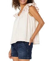 Liverpool Los Angeles Woven V-Neck Cap Sleeve Embroidered Top