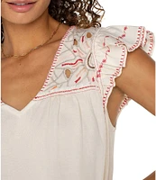 Liverpool Los Angeles Woven V-Neck Cap Sleeve Embroidered Top