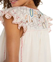 Liverpool Los Angeles Woven V-Neck Cap Sleeve Embroidered Top