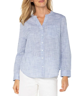 Liverpool Los Angeles Woven V-Neck Long Sleeve Button Front Shirt