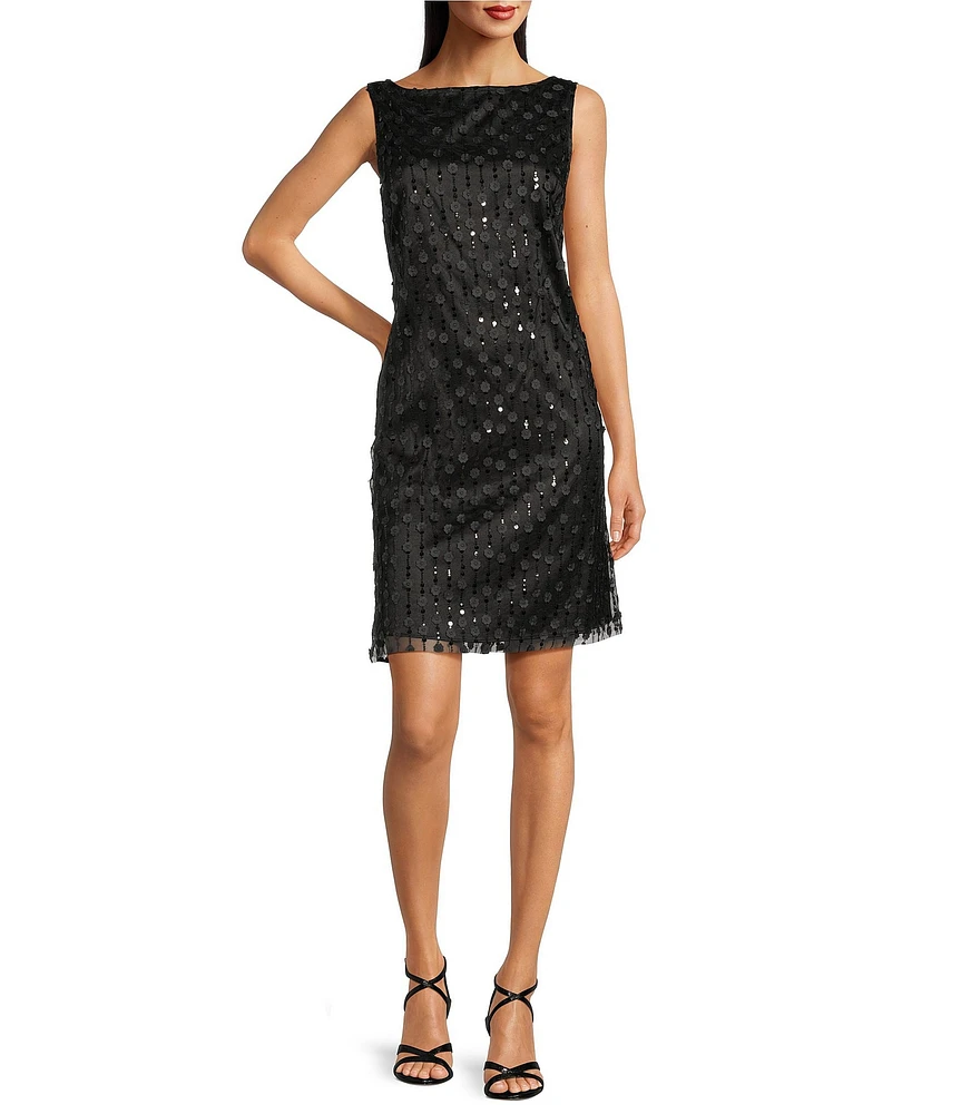 Livia Joie by Le Bos Boat Neck Sleeveless 3D Floral and Sequin Embroidered Sheath Dress