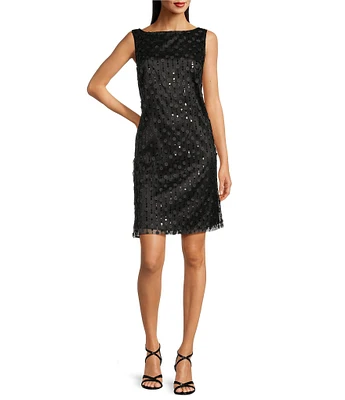 Livia Joie by Le Bos Boat Neck Sleeveless 3D Floral and Sequin Embroidered Sheath Dress